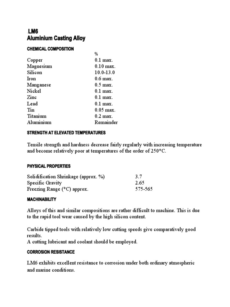 LM6 Aluminium Alloy Composition and Uses | PDF | Casting (Metalworking ...