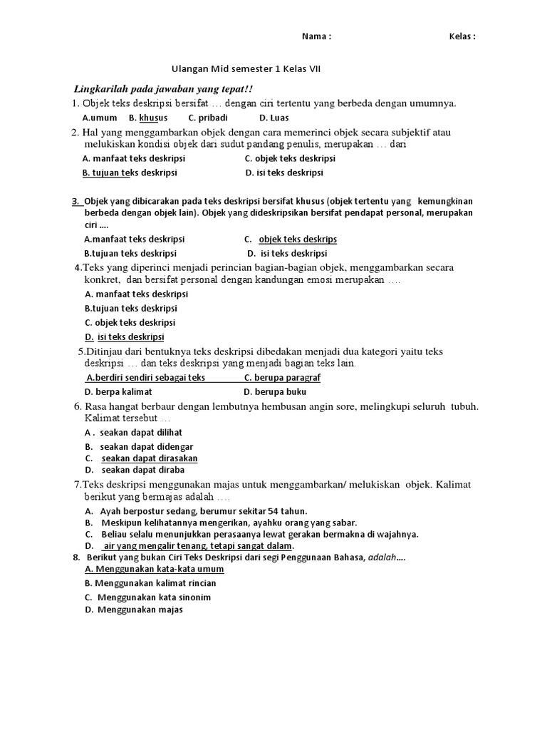 Ulangan Mid Semester 1 Kelas Vii Pdf