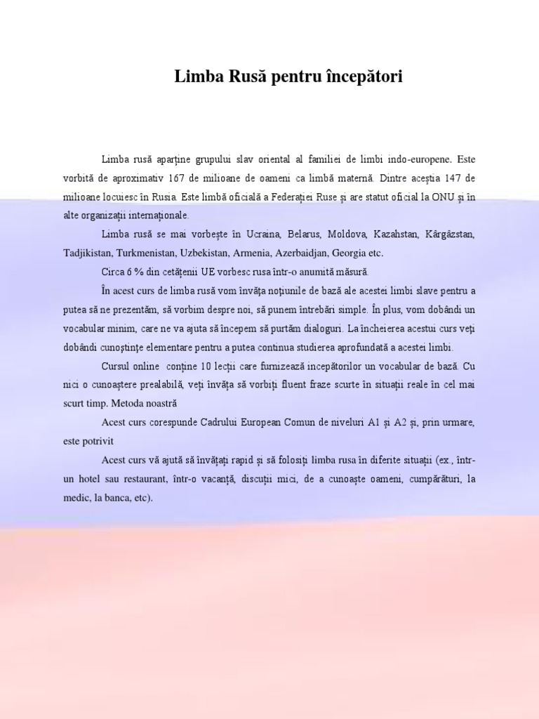 Prezentare Curs Online Limba Rusa Pentru Incepatori PDF | PDF