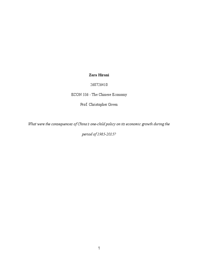 China's One Child Policy Research Paper PDF Economic Growth China
