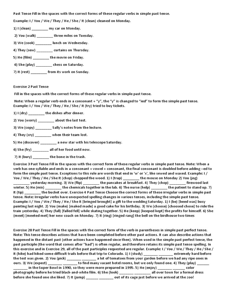 Past Tense Fill in The Spaces With The Correct Forms of These Regular ...