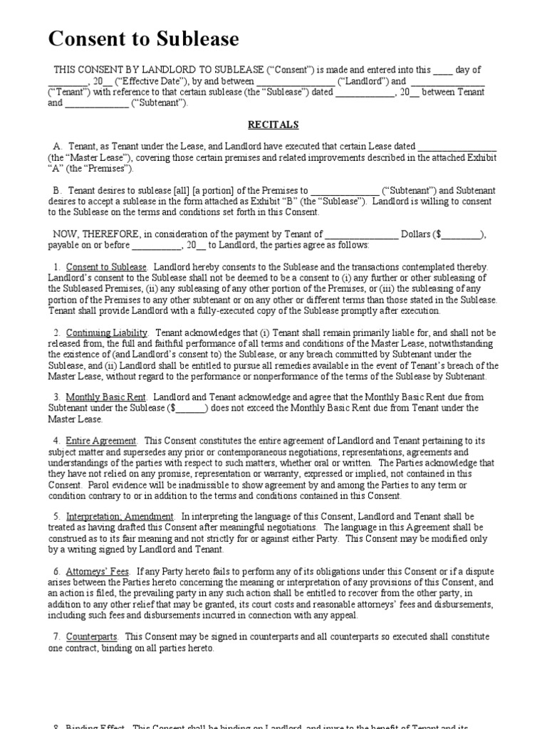 Consent of Sublease | PDF | Lease | Leasehold Estate