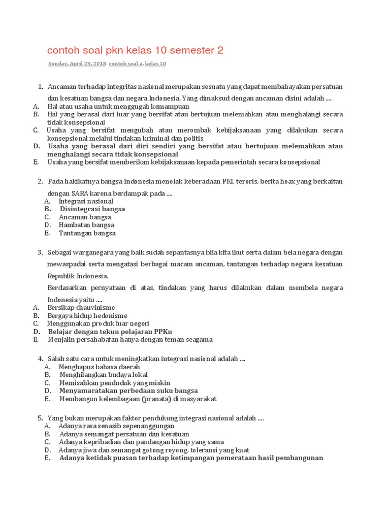 Contoh Soal Pkn Kelas 10 Semester 2