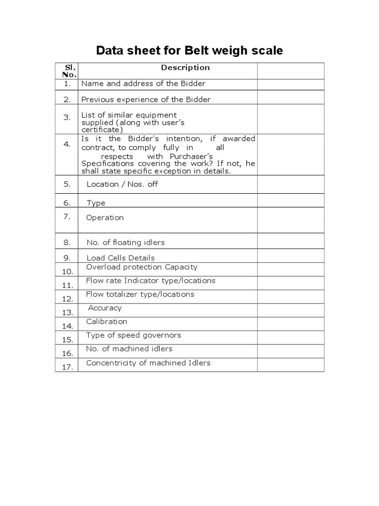 Belt Weigh Scale Data Sheet | PDF | Technology & Engineering