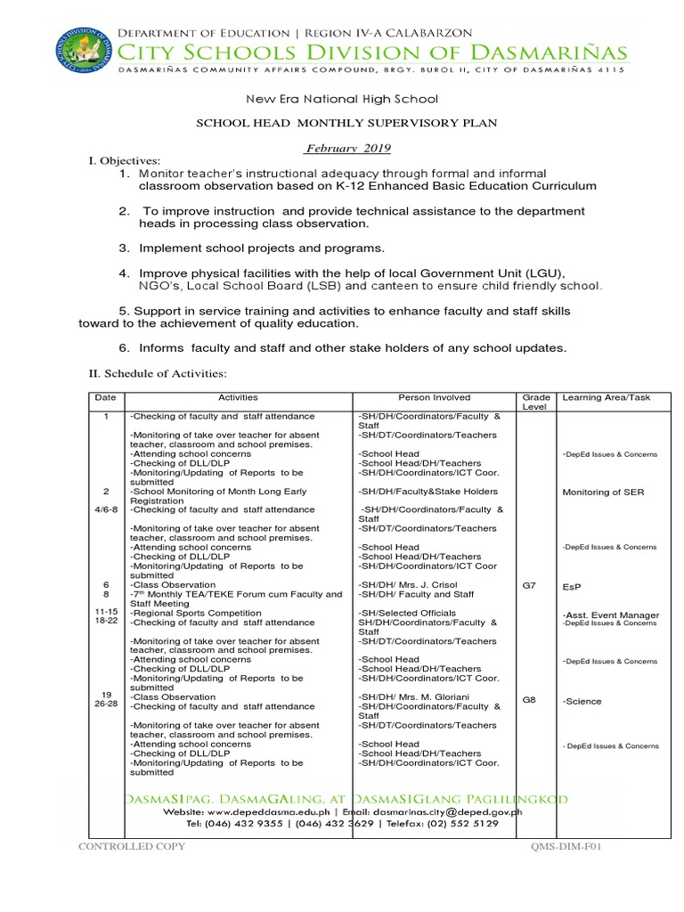 Monthly Supervisory Plan for Heads | PDF | Educational Technology ...