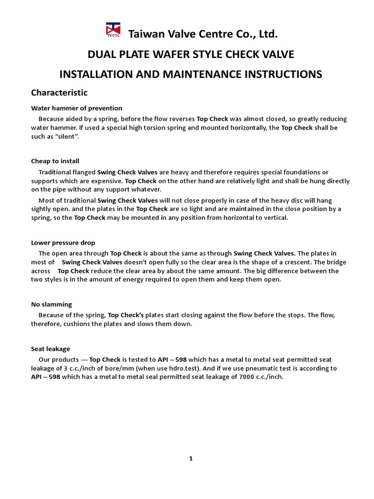 Dual Plate Wafer Style Check Valve Installation Instructions EN PDF