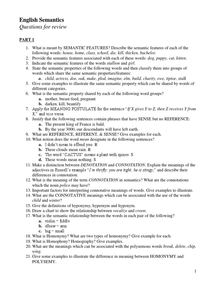 English Semantics Review Questions | PDF | Semiotics | Onomastics