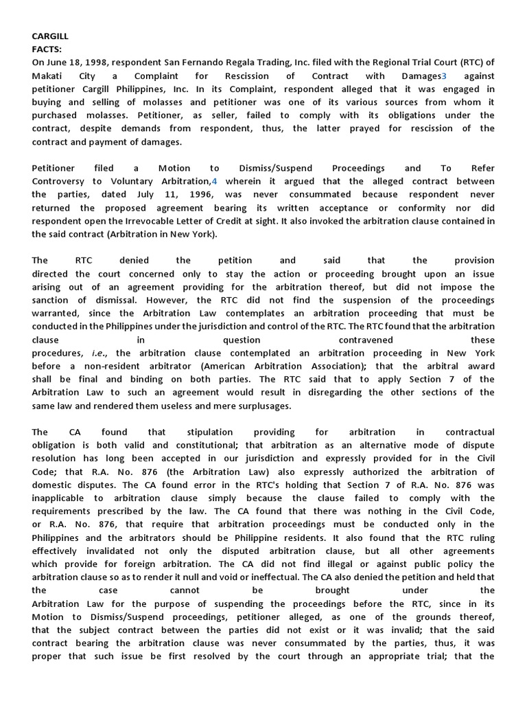 Adr Case Digest Cargill PDF Arbitration Complaint