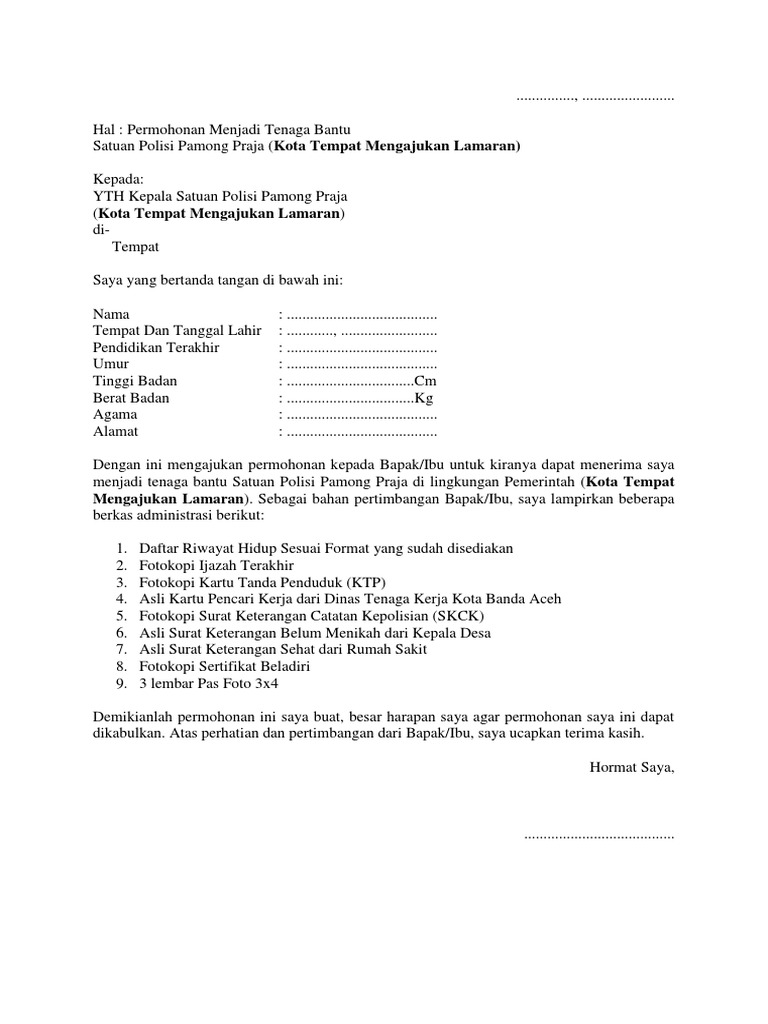 Surat Lamaran Kerja Sebagai Satpol PP | PDF