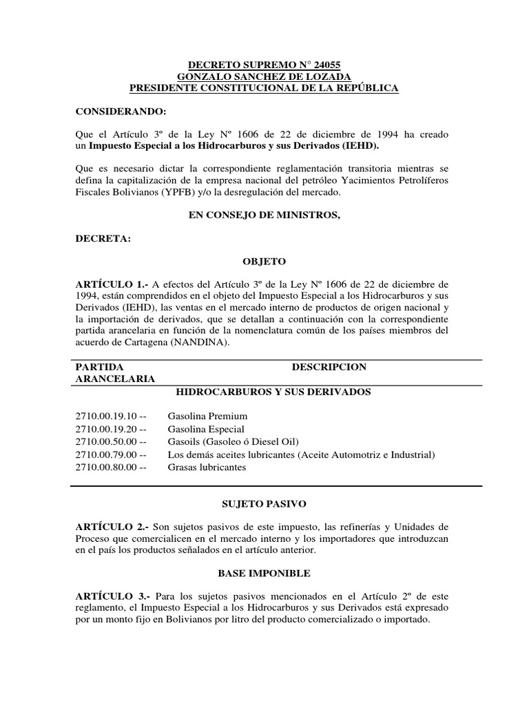 D.S. 24055 Impuesto Especial A Los Hidrocarburos y Sus Derivados (IEHD ...