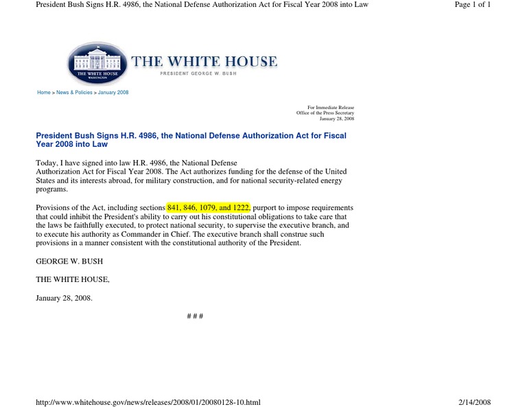Bush Signs 2008 Defense Authorization Act | PDF | National Security ...