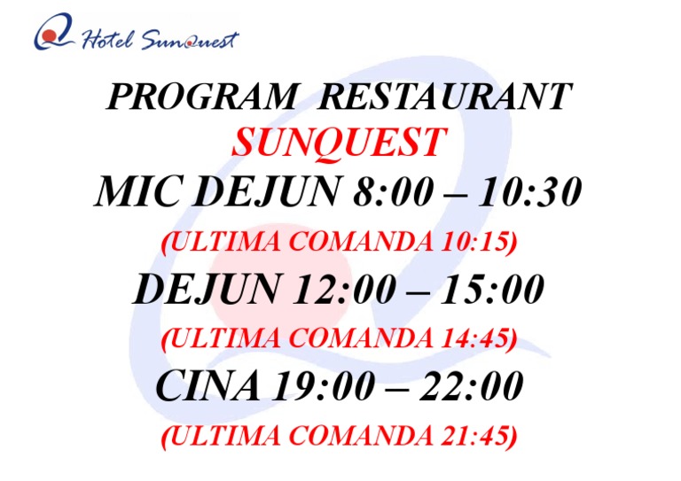Sunquest Restaurant Dining Hours | PDF | Cooking, Food & Wine