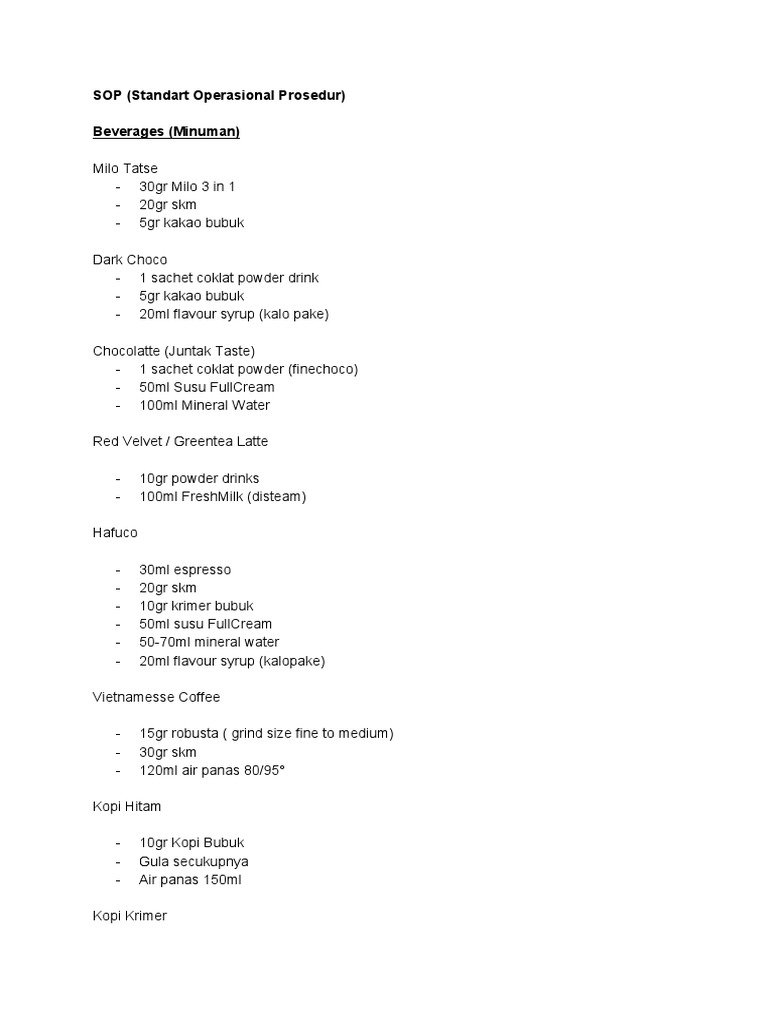 Beverage SOP: Recipes & Ingredients Guide | PDF