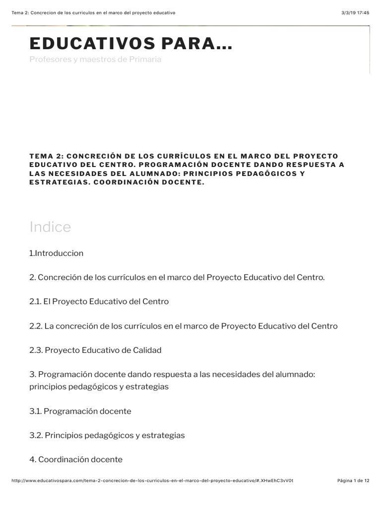 Tema 2 Concrecion de Los Curriculos en El Marco Del Proyecto Educativo ...