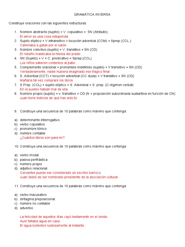 Ejercicios de Sintaxis Inversa | PDF | Asunto (gramática) | Adverbio