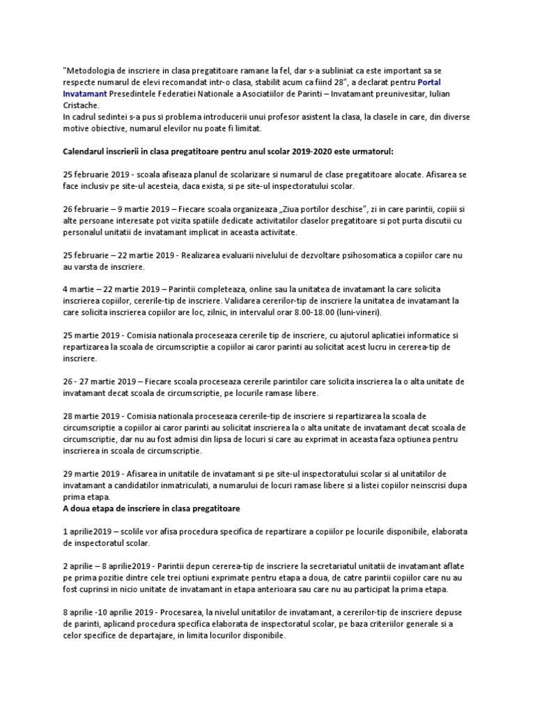 Metodologia De Inscriere In Clasa Pregatitoare 2019 2020