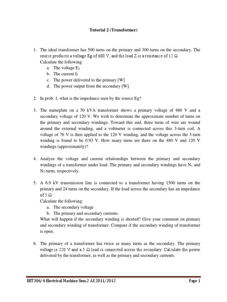 Transformer Fundamentals Voltage, Current and Power Calculations for