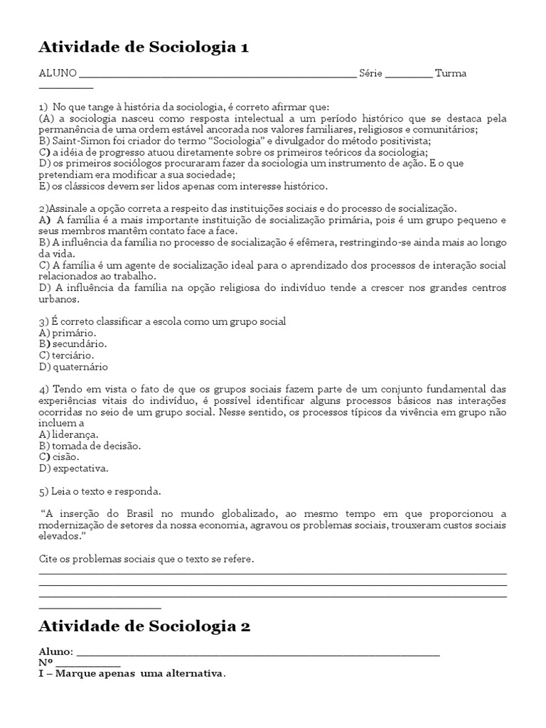 Atividades de Sociologia para 1º Ano | PDF | Sociologia | Sociedade