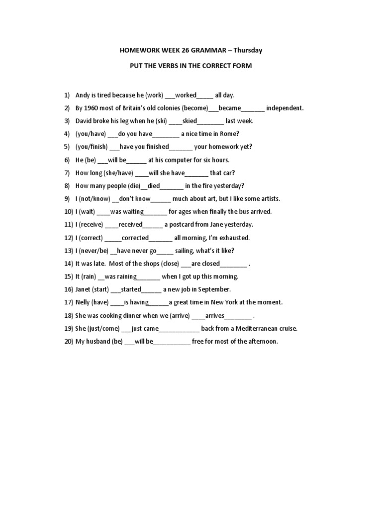 Grammar Homework: Verb Forms Exercise | PDF