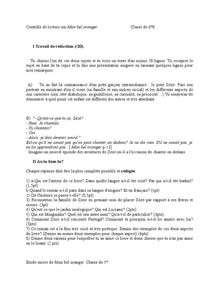 Mon Bel Oranger Fiche De Lecture 5eme Or Anger | PDF