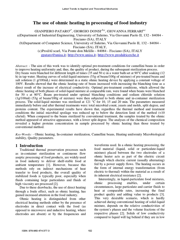 The Use of Ohmic Heating in Processing of Food Industry: Gpataro@unisa ...