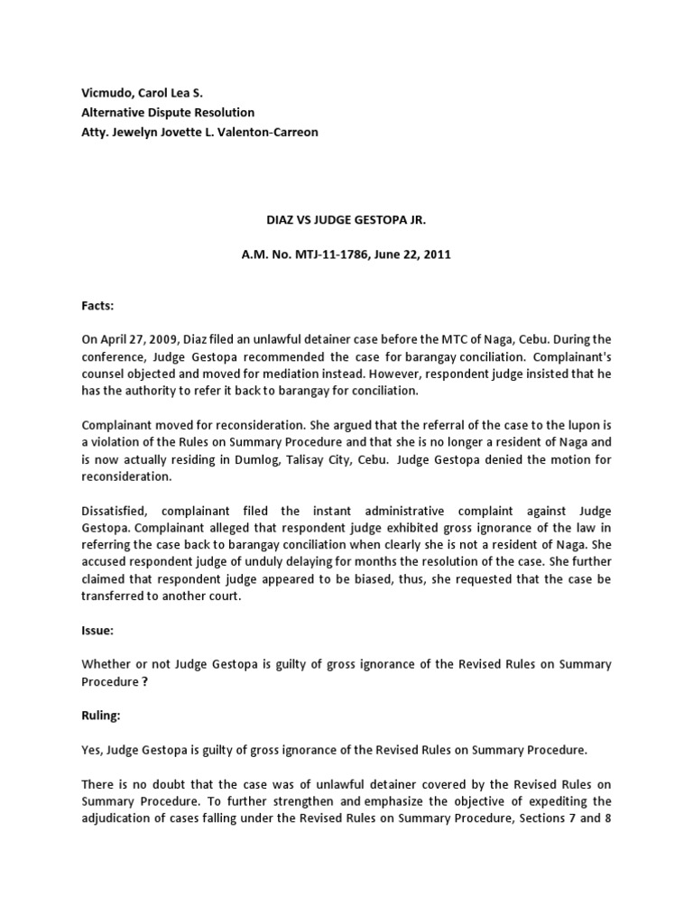 ADR - Diaz Vs Judge Gestopa JR | PDF | Summary Judgment | Government