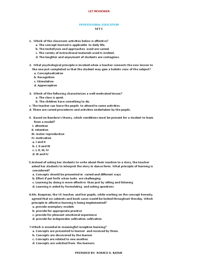 LET Reviewer for Professional Education | PDF | Learning | Teachers