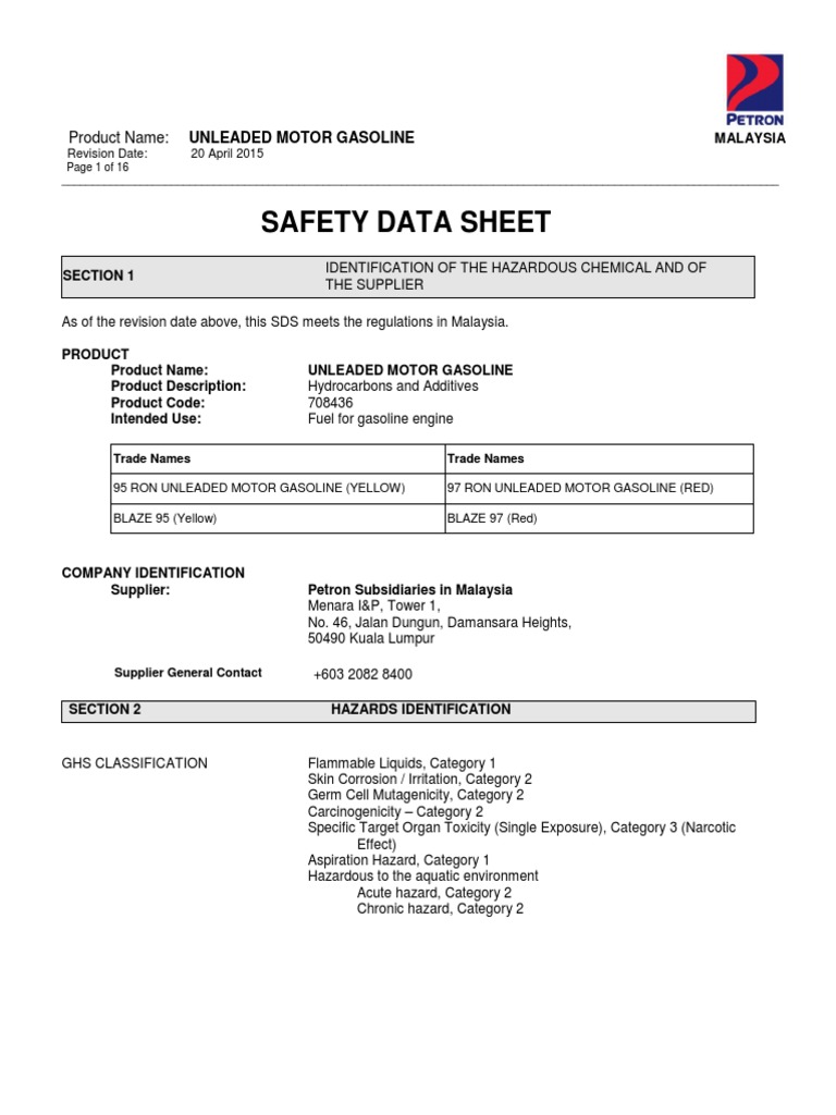 Sds Unleaded Motor Gasoline, 20 April 2015 2015 May 7r2 PDF
