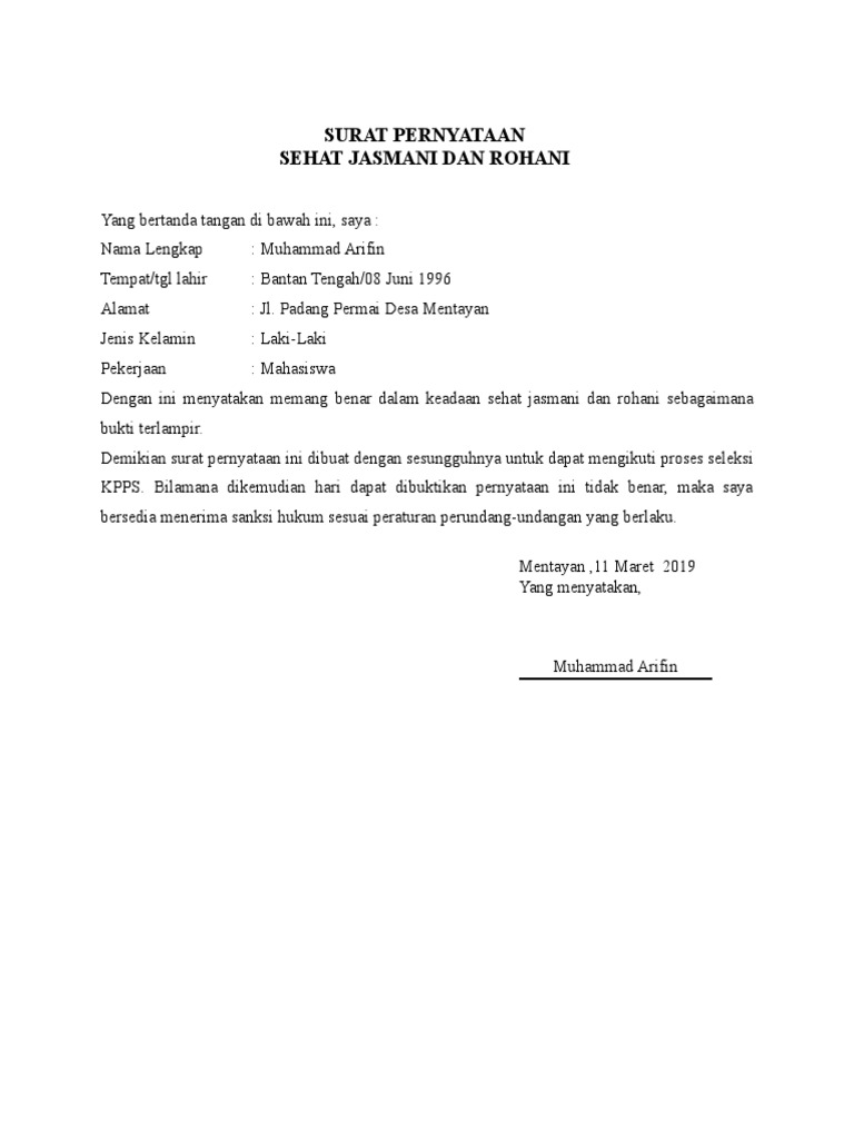 Surat Pernyataan Sehat