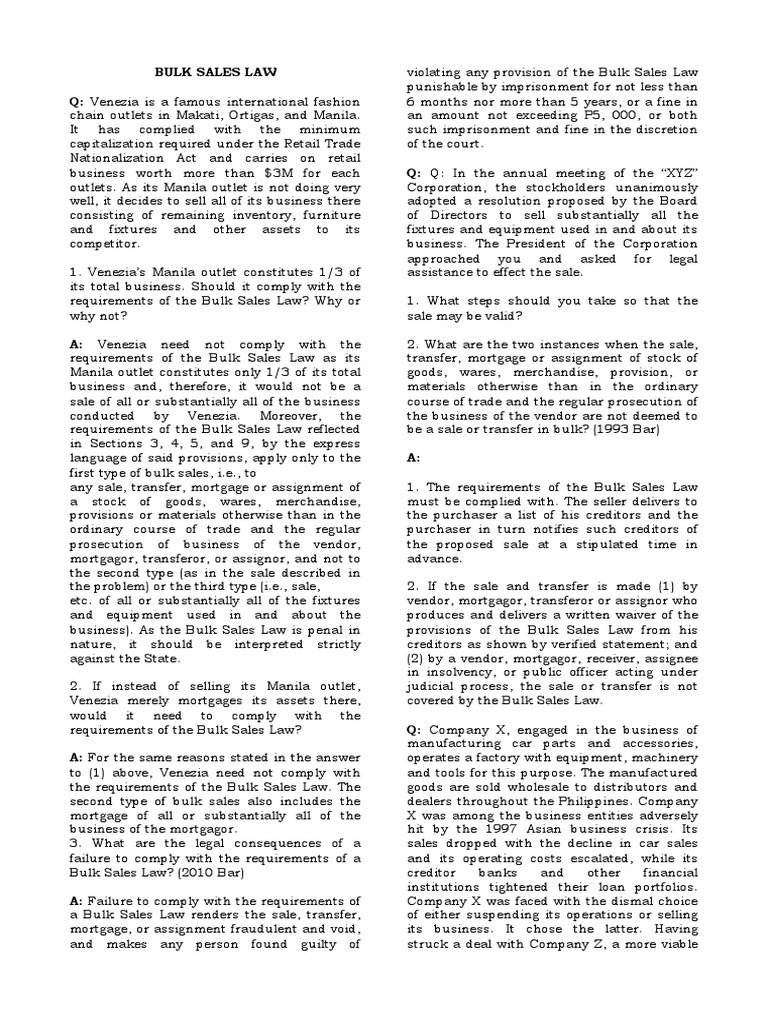 Bulk Sales Law Bar Qs PDF Receivership Assignment (Law)