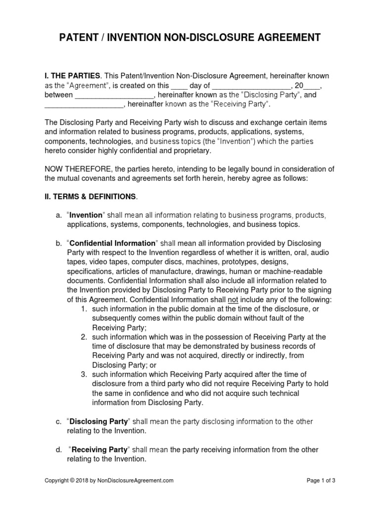 Patent Invention Non Disclosure Agreement PDF Confidentiality Non