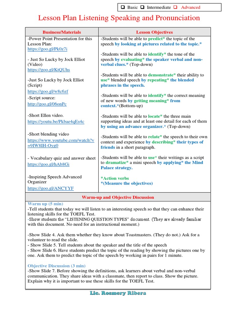 Lesson Plan Listening Speaking and Pronunciation: Business/Materials ...