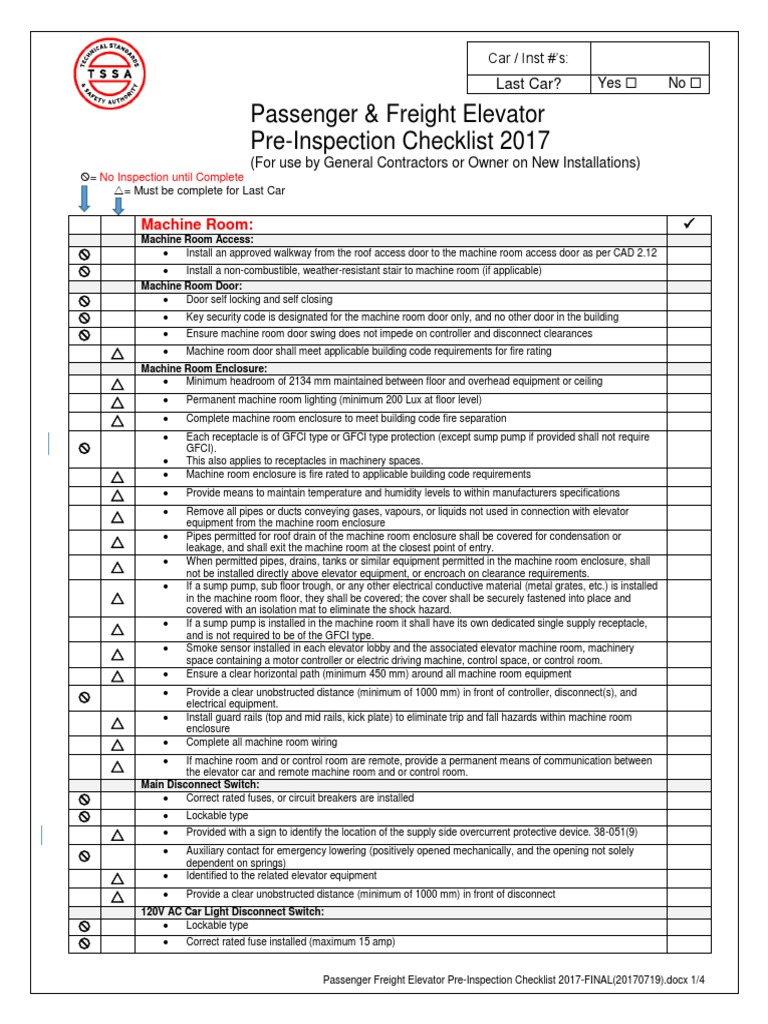 Elevator Pre Inspection Checklist | PDF | Elevator | Building Engineering