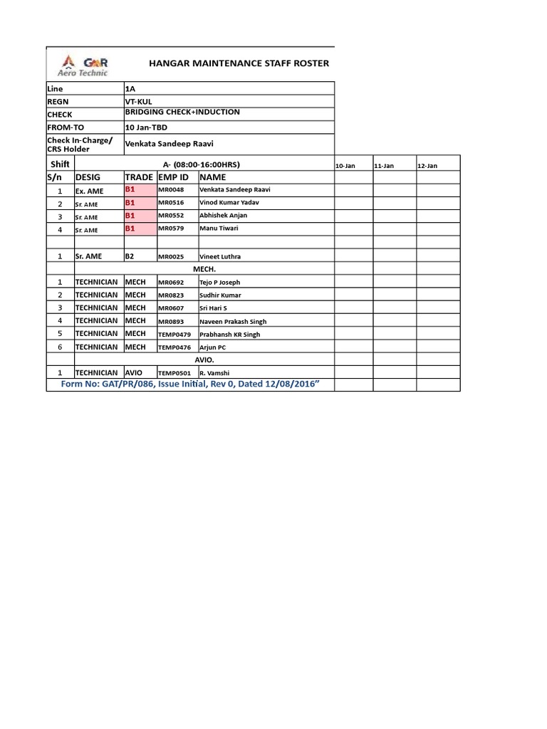 Hangar Maintenance Staff Roster: Shif S/N Desig Trade Emp Id Name | PDF