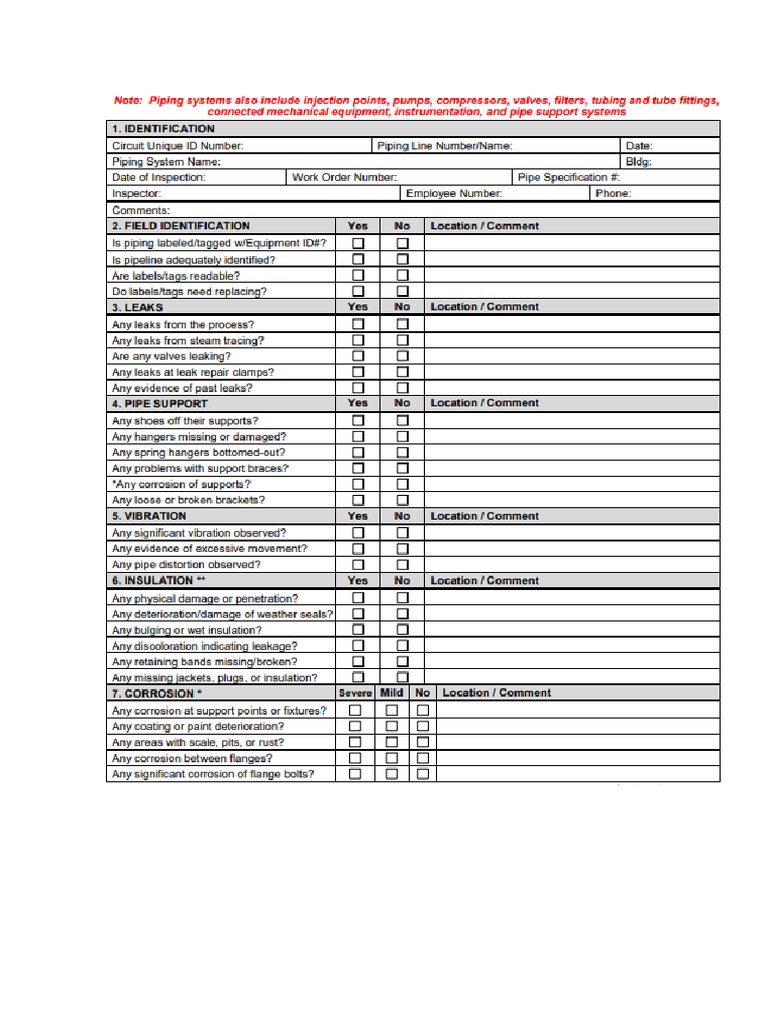 Piping Visual Inspection Checklist PDF