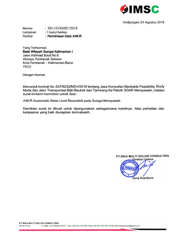 Surat Permohonan Data AWLR PDF | PDF | Sains & Matematika