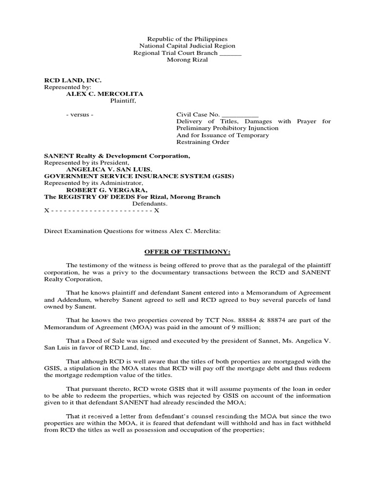 Direct Examination Questions To Alex Mercolita (Hearing On TRO) | PDF ...