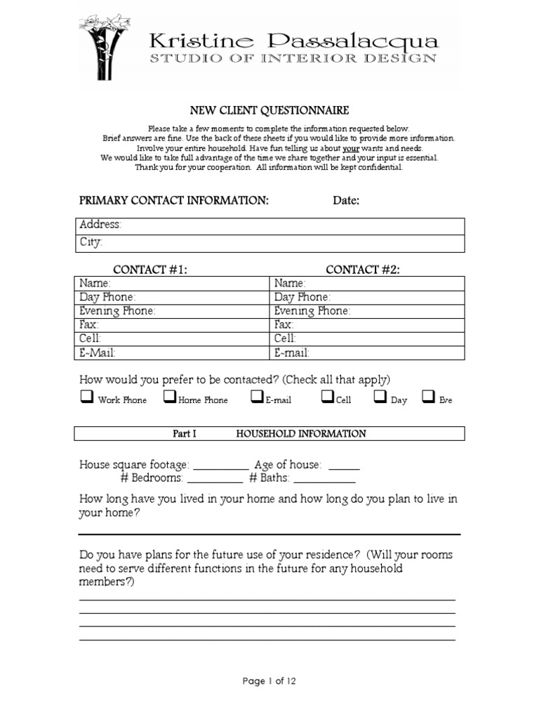 New Client Home Questionnaire Form | PDF | Kitchen | Green
