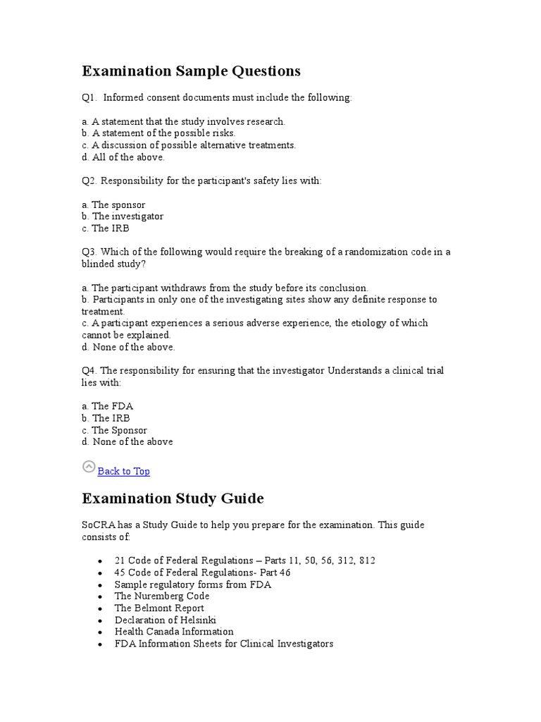 CRA Examination Sample | PDF | Institutional Review Board | Clinical Trial