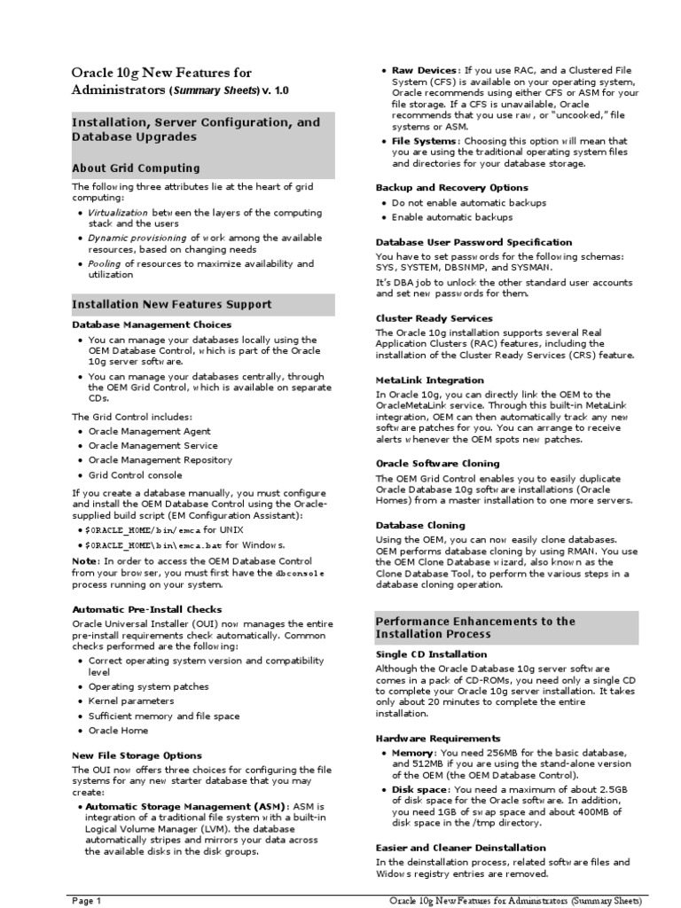 1 Oracle 10g Features | PDF | Computers | Technology & Engineering