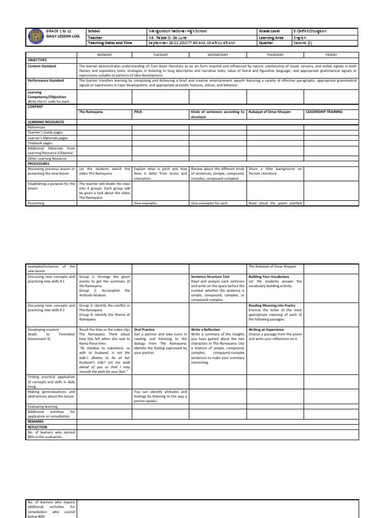Grade 8 English Daily Lesson Plan | PDF | Ramayana | Poetry