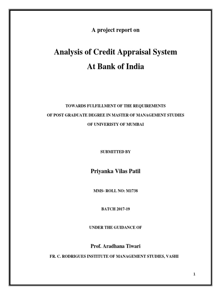 Analysis of Credit Appraisal System at Bank of India A Project Report
