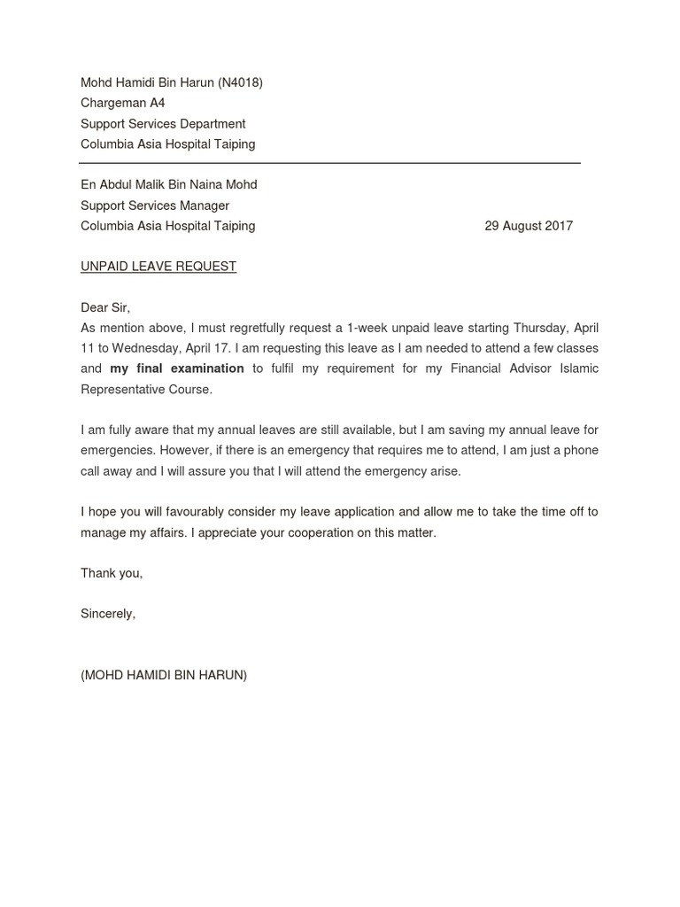 Unpaid Leave Request for Exam Preparation | PDF | Career & Growth