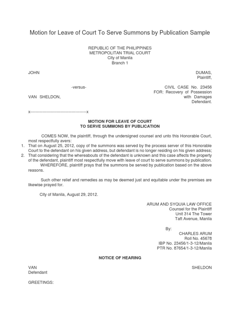 Motion For Leave of Court To Serve Summons Through Publication PDF