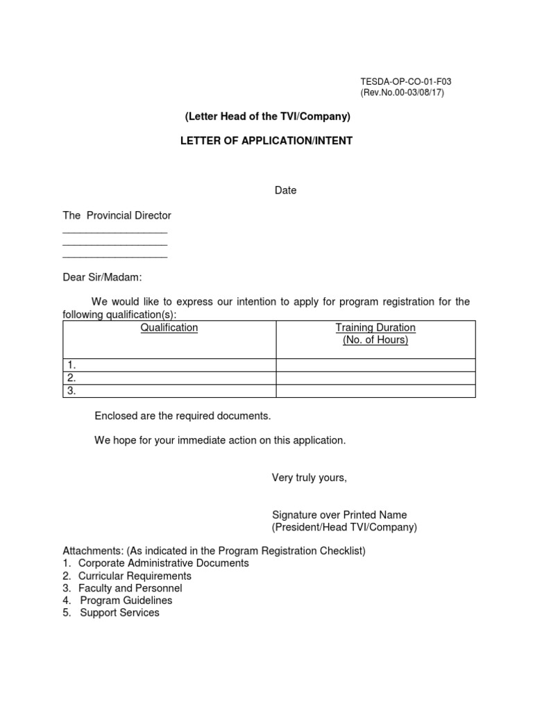 TESDA Letter of Application | PDF