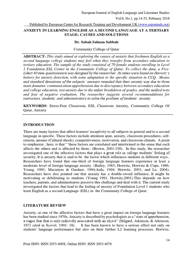 ESL Learning Anxiety: Causes & Solutions | PDF | Anxiety | English As A ...