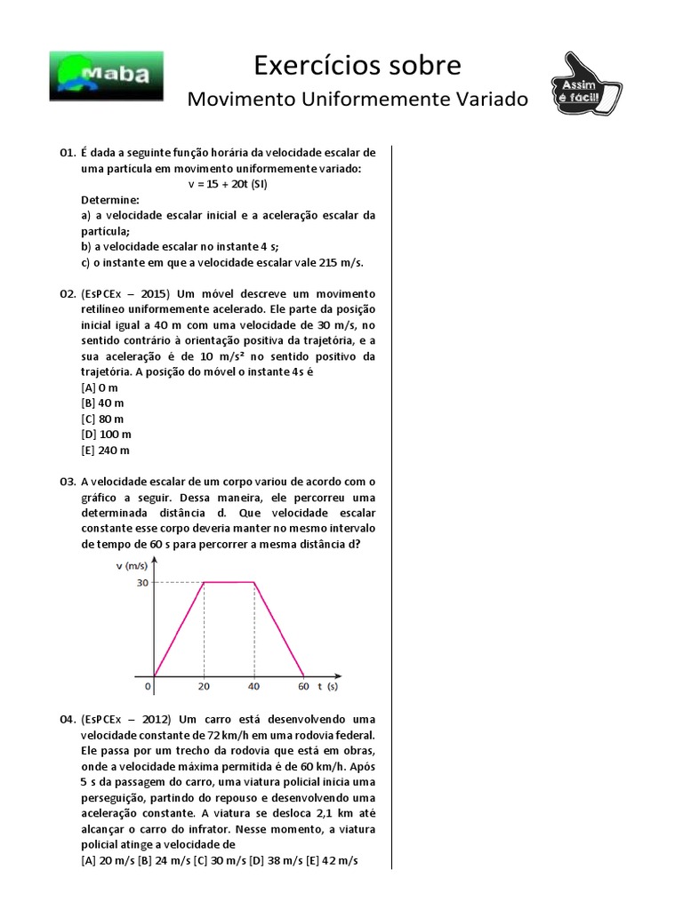 Exercícios Sobre Movimento Uniformemente Variado | PDF | Velocidade ...