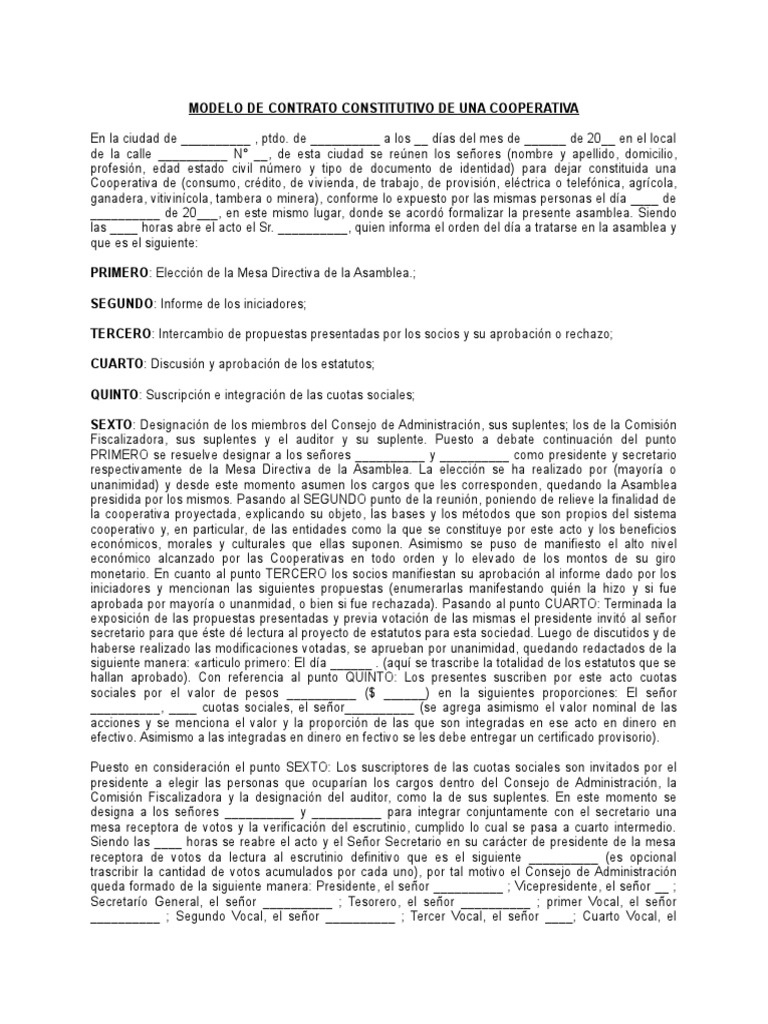 Contrato Constitutivo de Una Cooperativa | PDF | Cooperativa | Sociedad