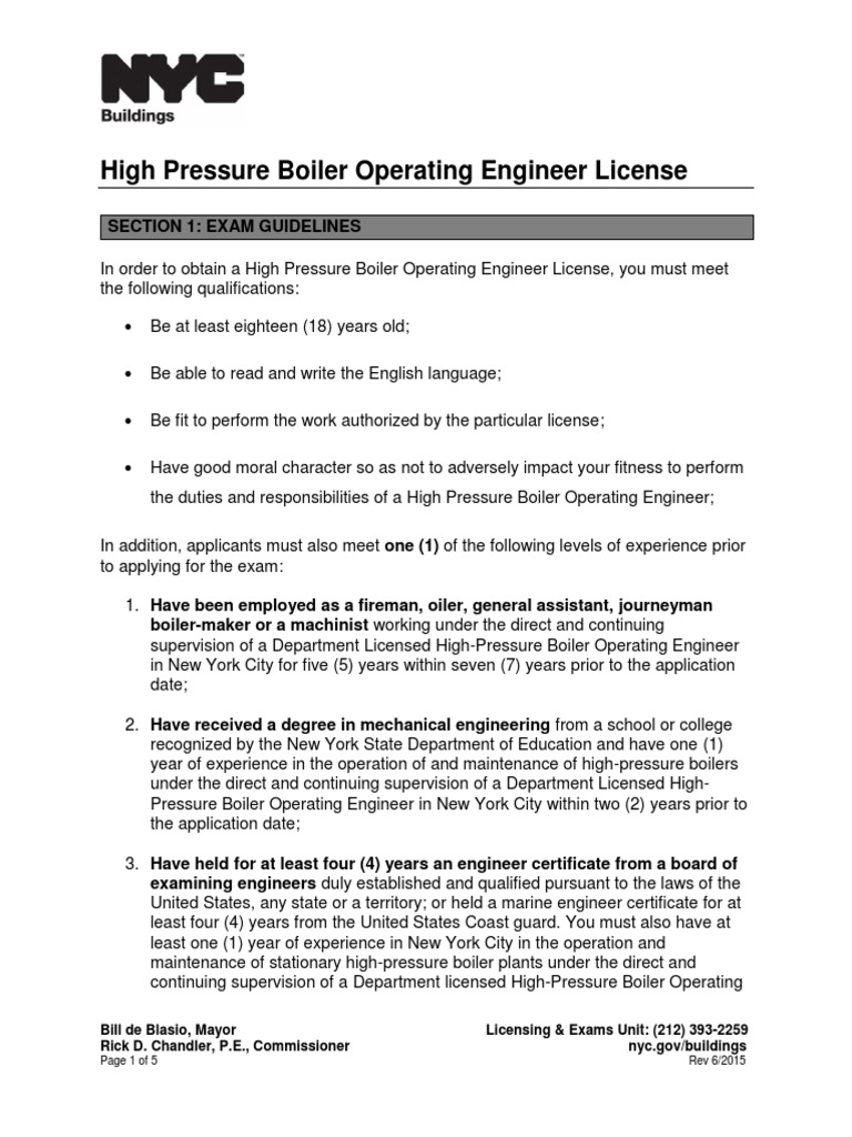 High Pressure Boiler Operating Engineer License Section 1 Exam