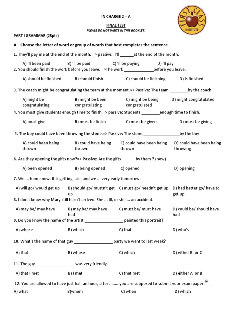 A. Choose The Letter of Word or Group of Words That Best Completes The